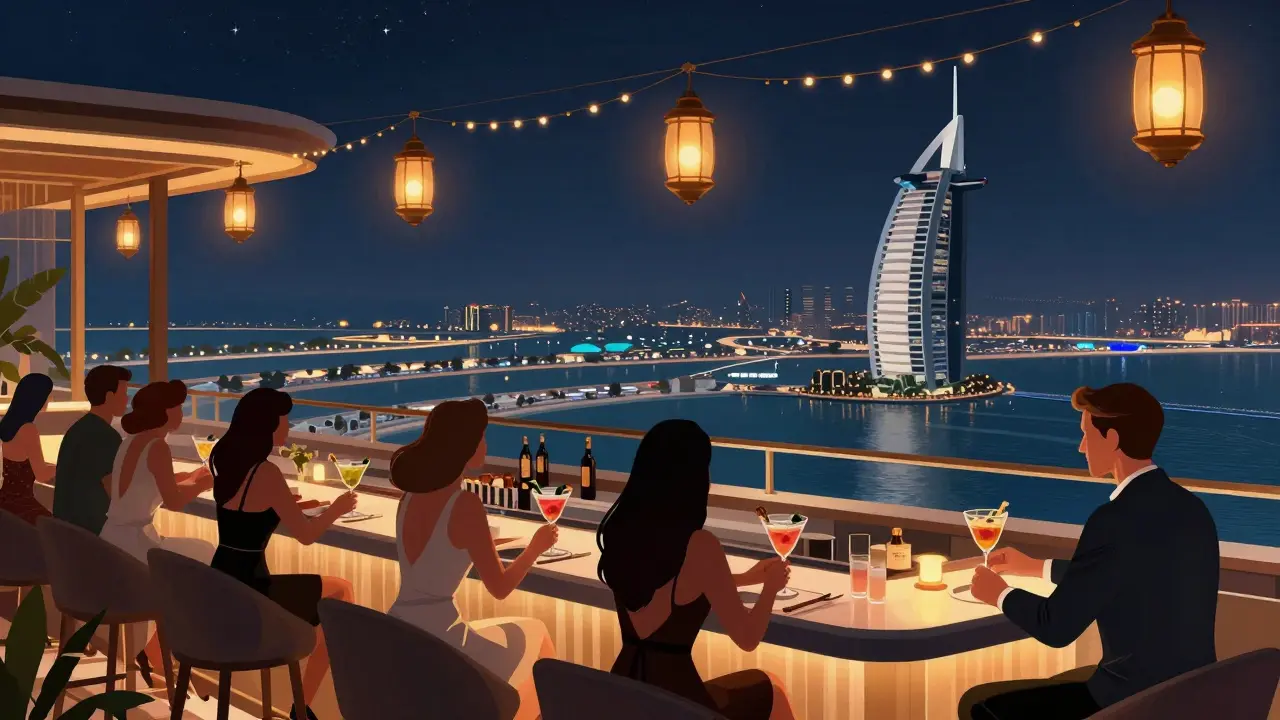 Elegant rooftop bar overlooking Abu Dhabi's skyline at dusk with guests enjoying drinks.
