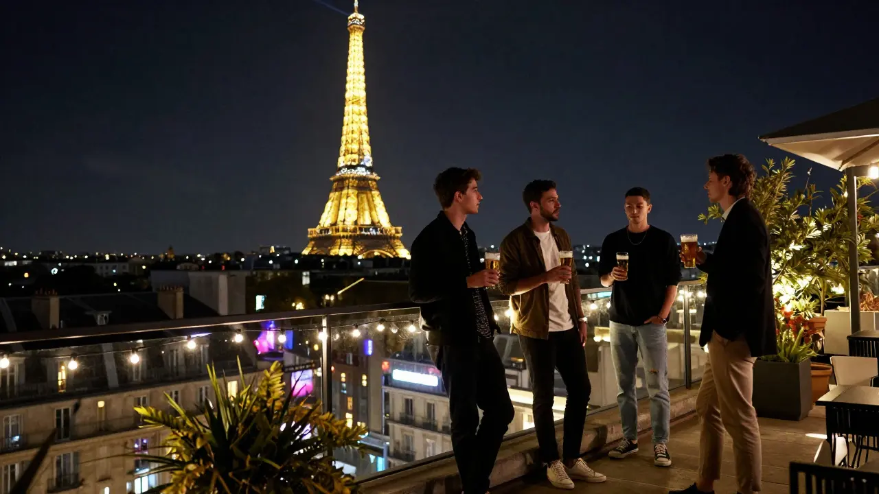 Group of men on a rooftop terrace at night, with the Eiffel Tower sparkling in the background.