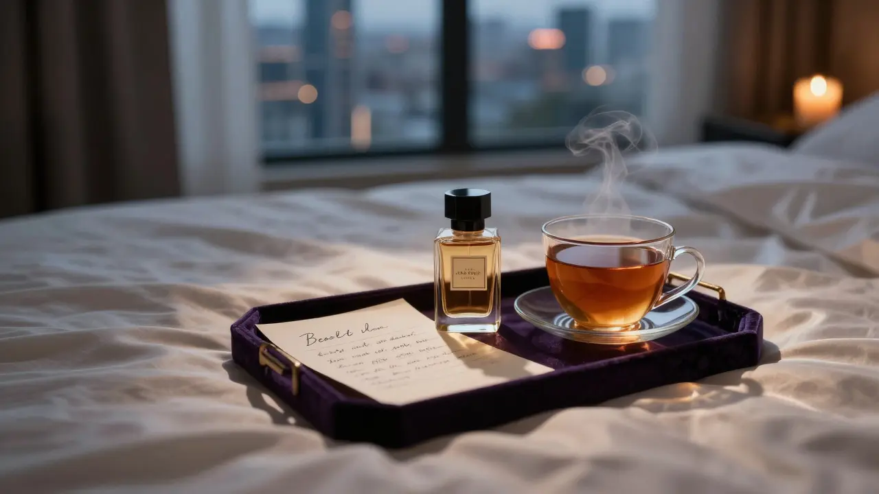 Handwritten note and perfume on velvet tray with candlelight and tea.
