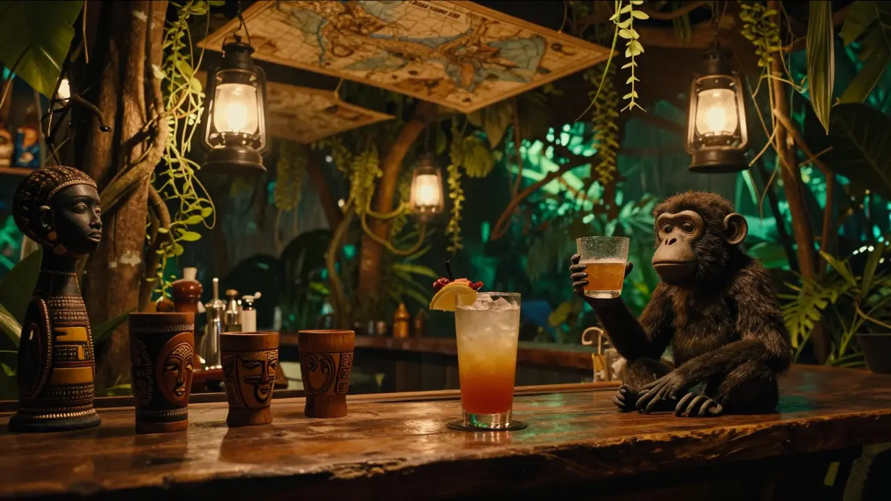 Hidden jungle bar with lanterns, vintage maps, and African artifacts, wooden cup on a table.