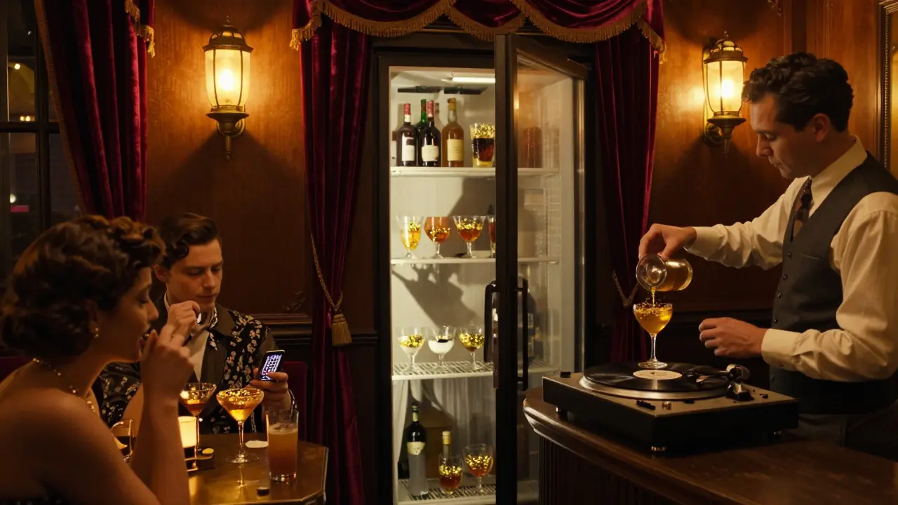 Hidden speakeasy behind a fridge door, velvet curtains, vintage cocktails, 1920s jazz vibe.