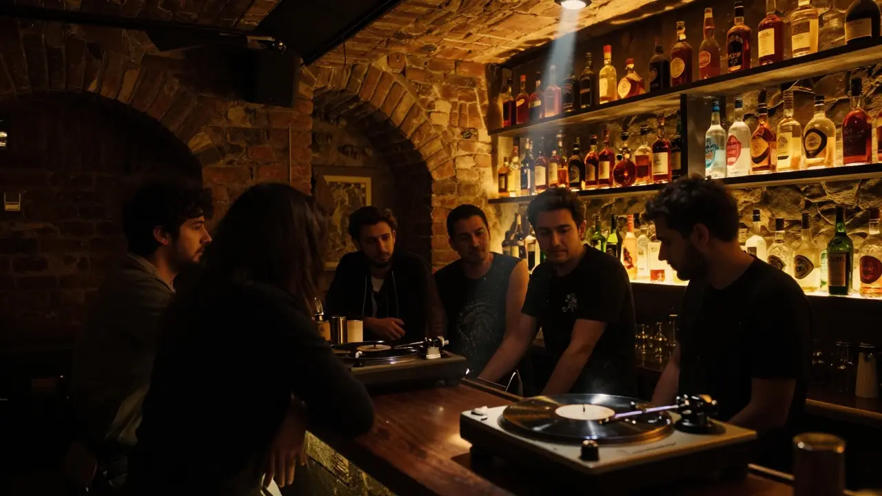 Hidden underground bar with vinyl turntable and dim lighting, locals gathered around the bar.