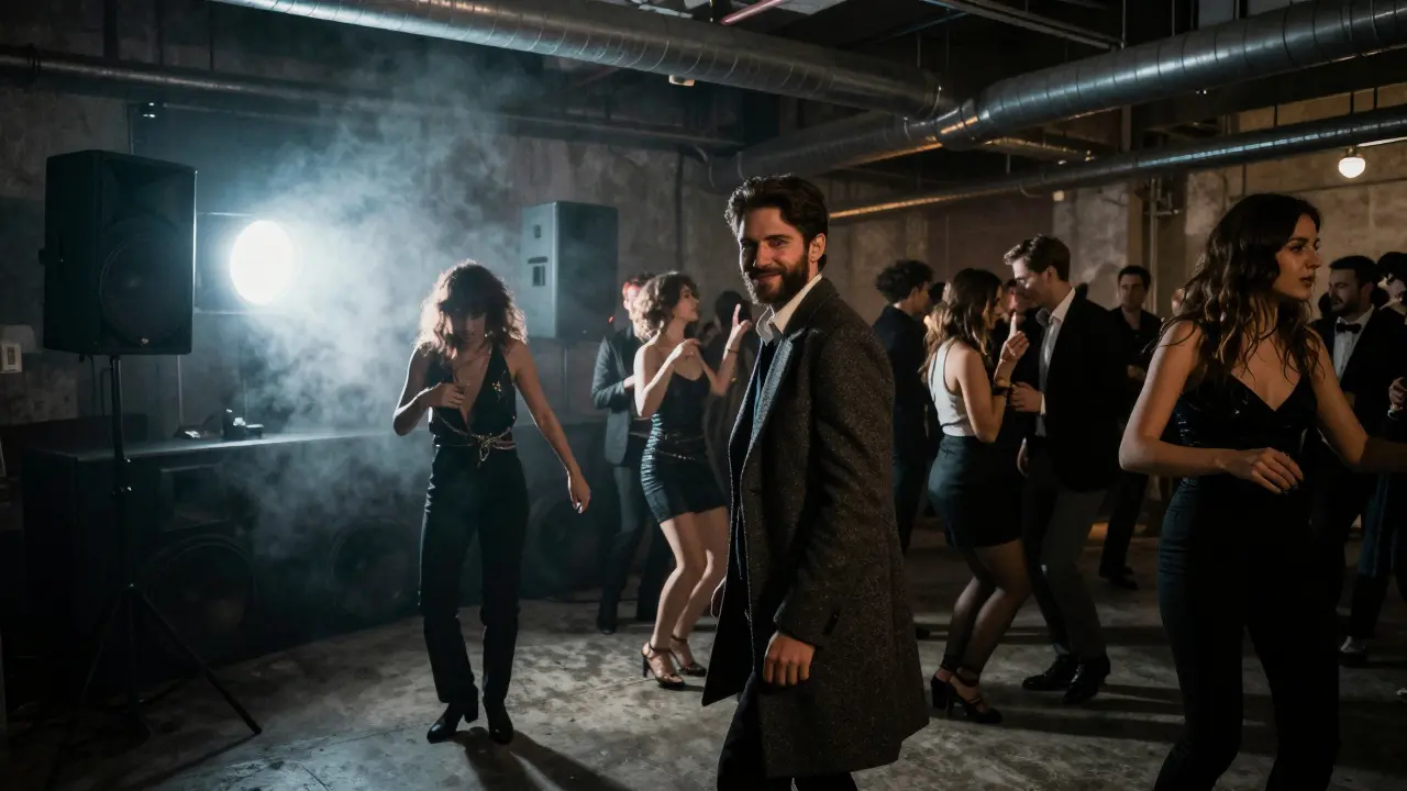 Industrial nightclub interior with dense crowd dancing under moody strobe lights.