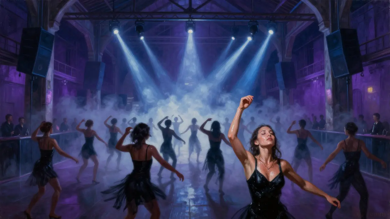 Industrial nightclub with dark crowd moving to pulsing music under strobe lights.