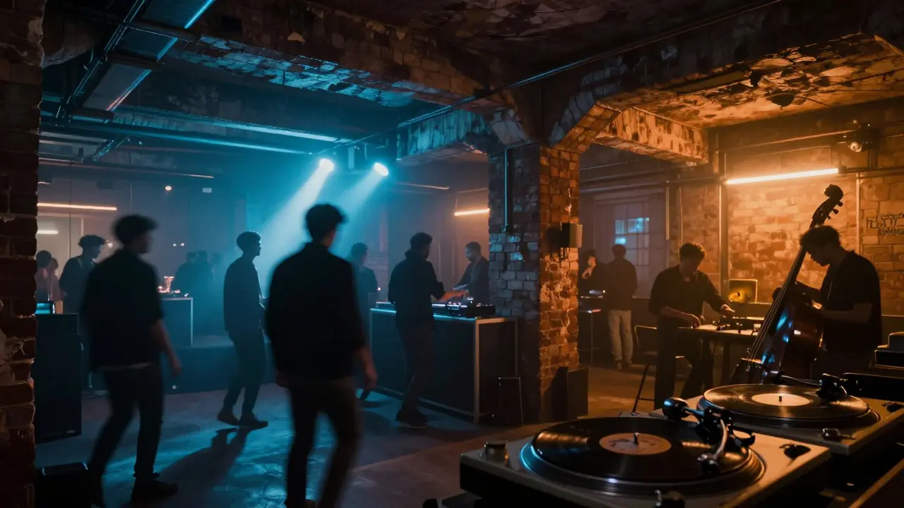 Industrial underground club in Porta Ticinese with neon lights and silhouettes dancing to live music.
