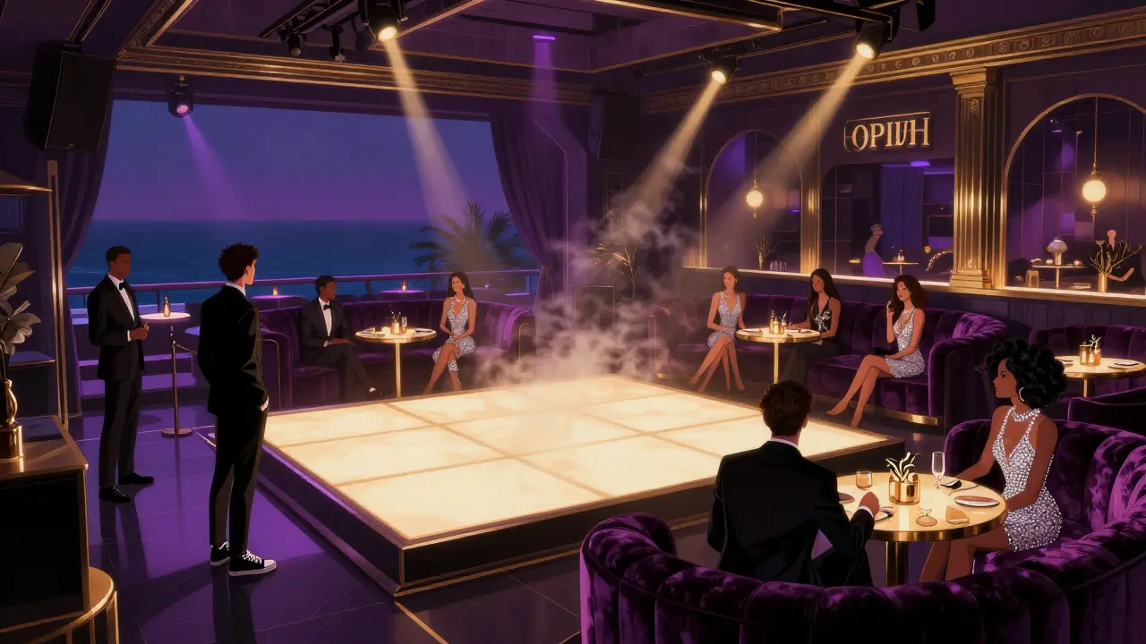 Inside Opium nightclub, elegant guests dance under golden lights while a bouncer turns away someone in sneakers.