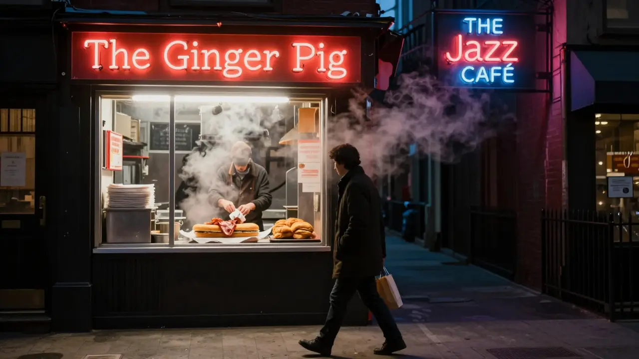 Late-night bacon butty takeaway in Soho, with soft neon glow from a nearby jazz café.
