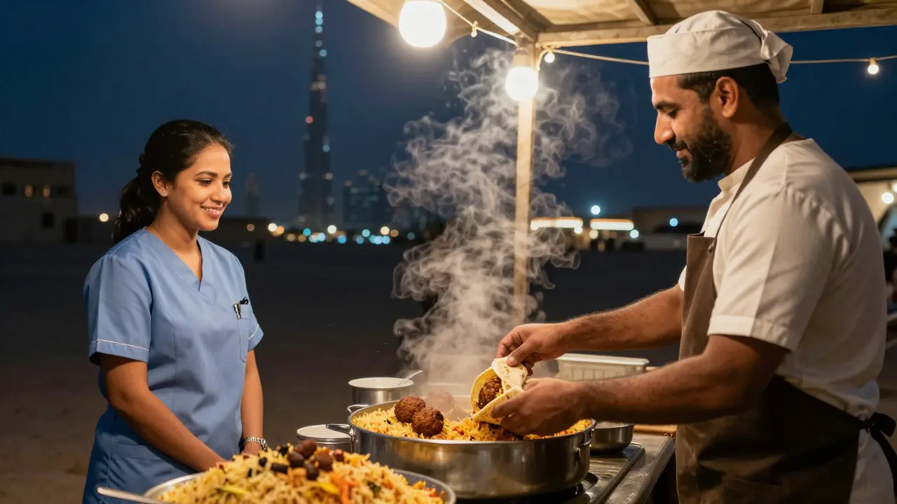 Late-night food stall in Al Barsha serving Middle Eastern and Asian dishes under string lights.