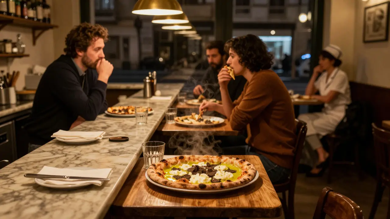 Late-night pizza slice with truffle oil on wooden table at 3 a.m. in Milan.