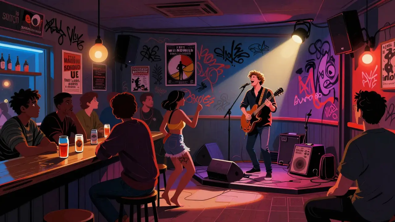 Live band performing at a free Thursday night gig in a vibrant Brixton pub with a packed crowd.