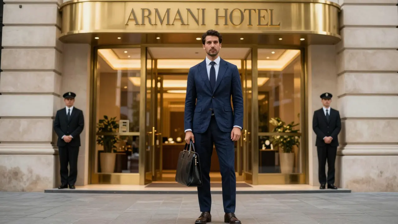 Man in elegant suit outside Armani Hotel, discreet and refined atmosphere.