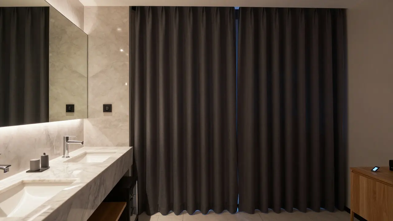 Modern hotel suite with neutral decor, blackout curtains, and a keycard on the nightstand.