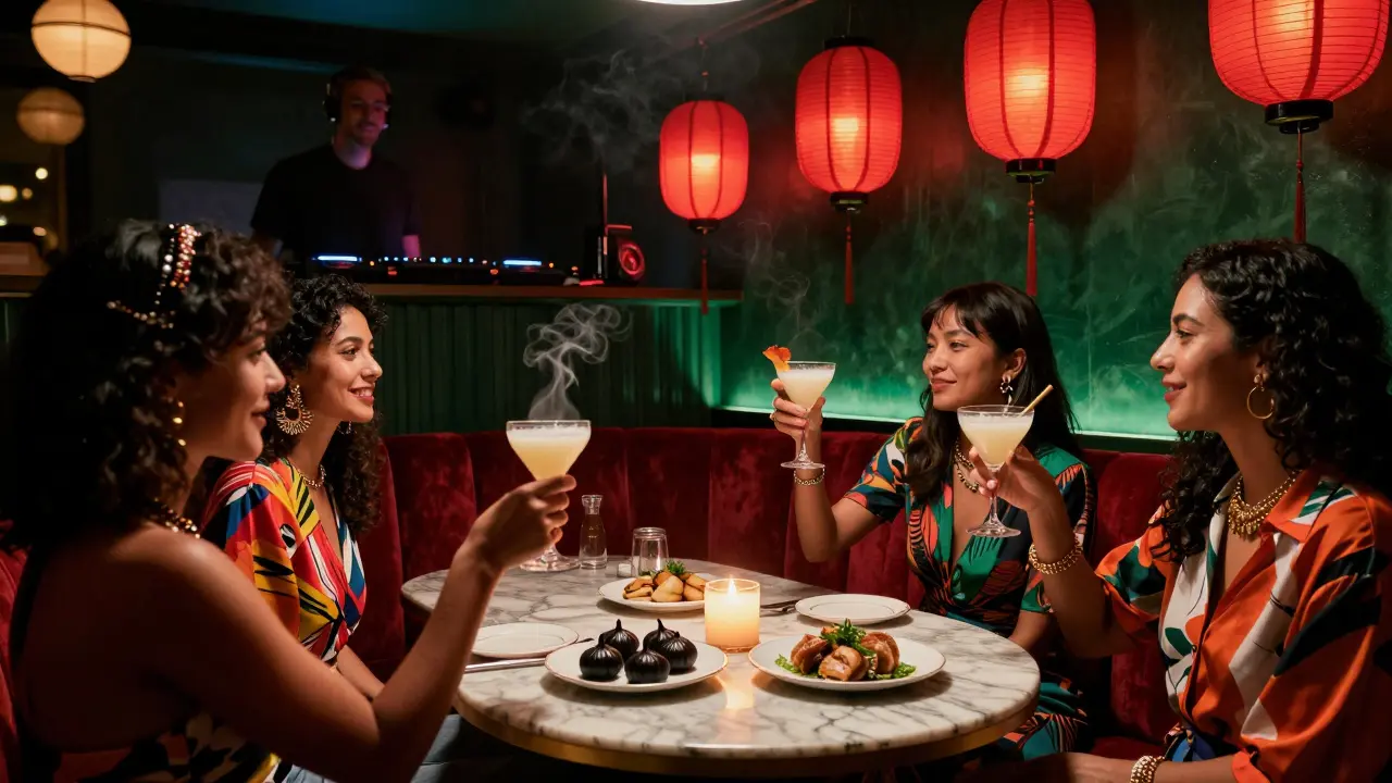 Moodily lit interior of La Dame de Canton with red lanterns and women raising cocktails in velvet booths.