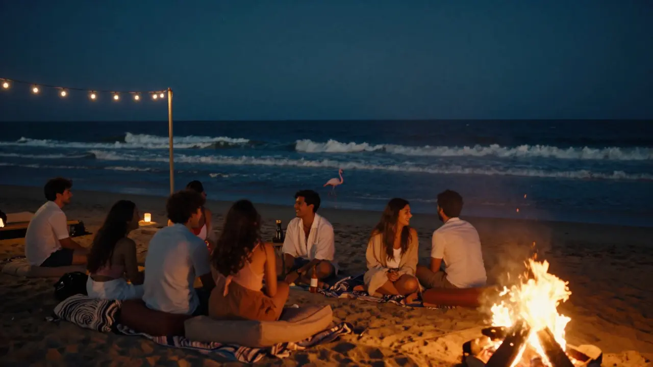 Peaceful beach at midnight with bonfires, string lights, and quiet visitors by the waves.