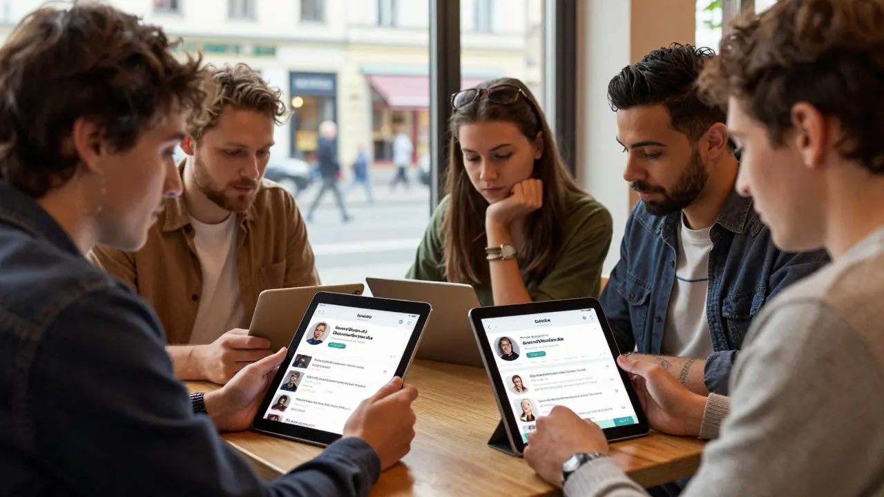 People browsing verified escort platforms on a tablet at a Berlin café, with city life visible through the window.