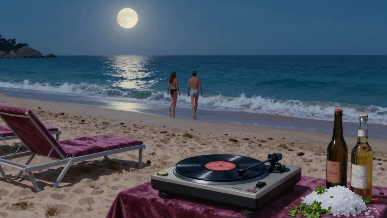 People walking into the moonlit sea at a beach bar, with a vinyl record spinning nearby and abandoned loungers on the sand.
