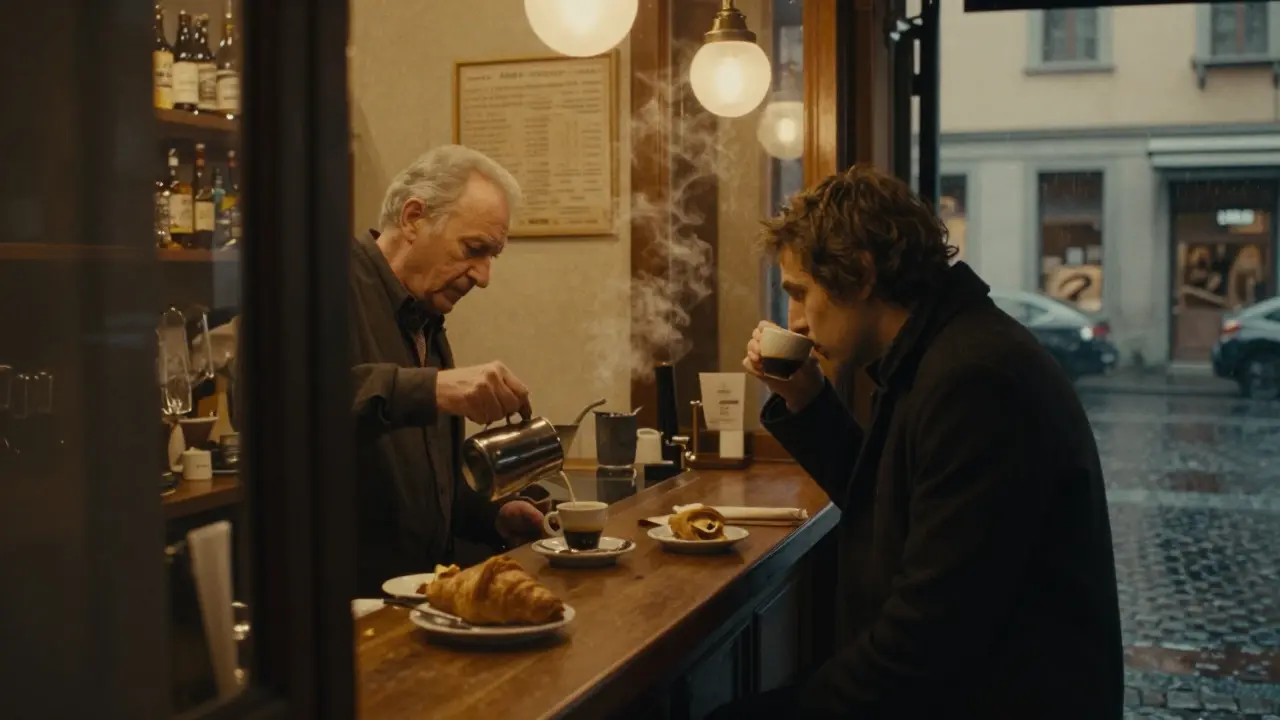 Quiet coffee bar at 3 a.m. with elderly barista and lone traveler