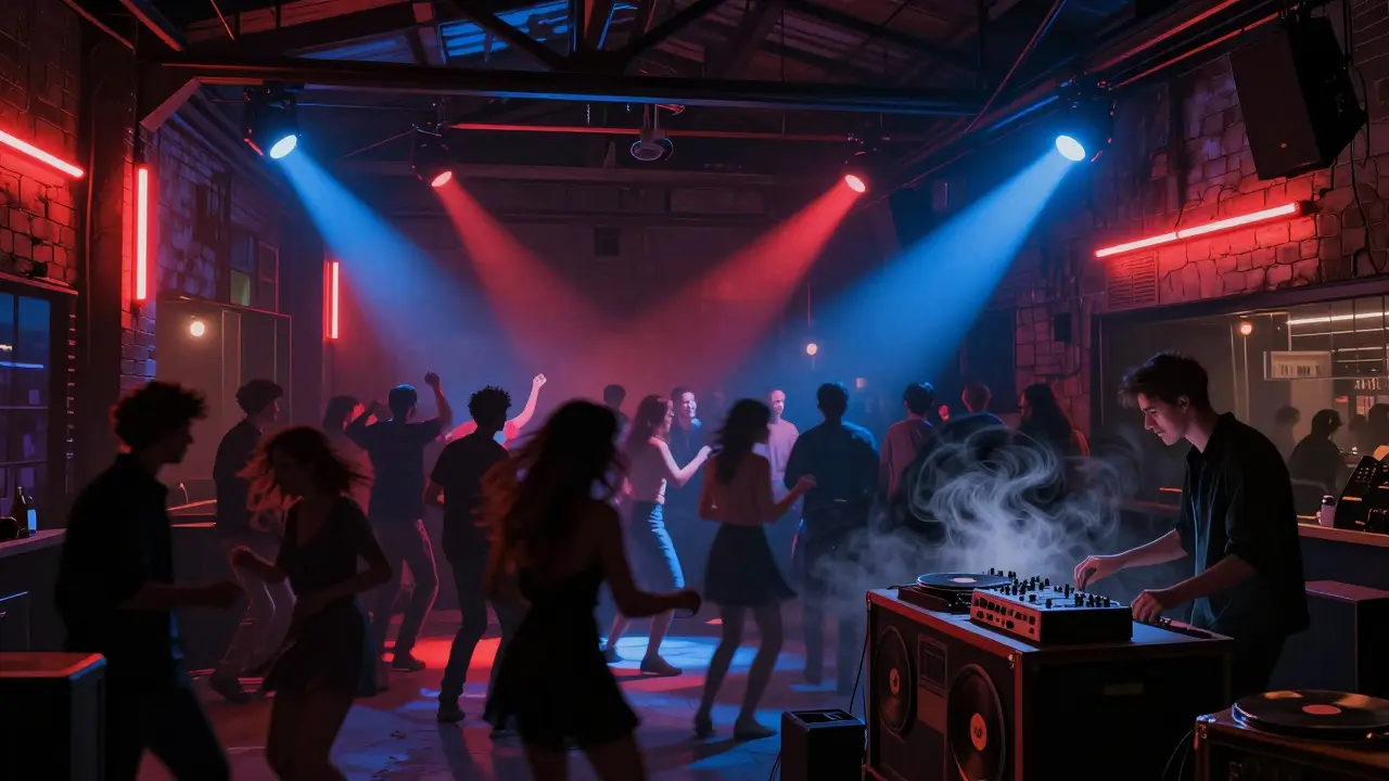 Raw underground nightclub with dancing crowd and industrial lighting