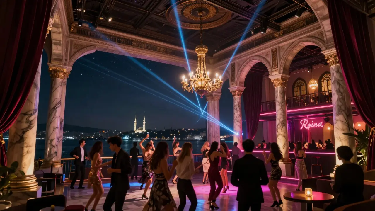 Reina nightclub inside an Ottoman mansion, laser lights dancing over marble columns with Bosphorus views.