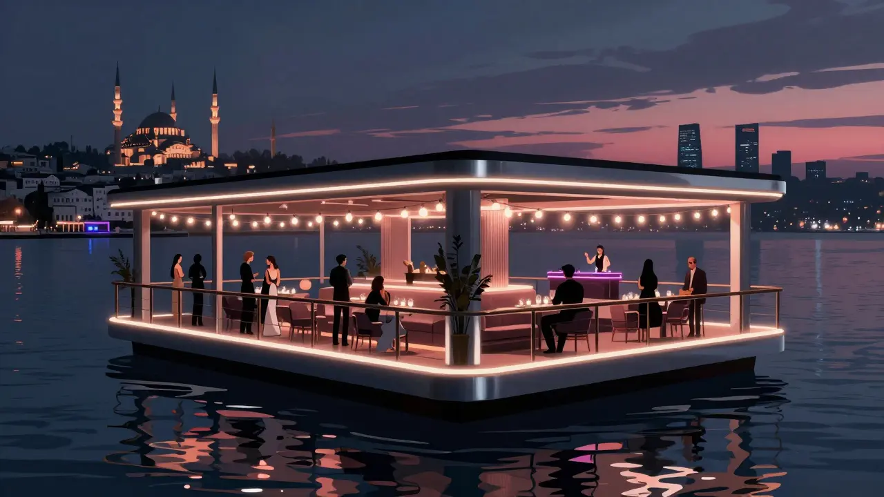 Reina nightclub on the Bosphorus with elegant guests on the terrace, city lights and water reflections in the background.