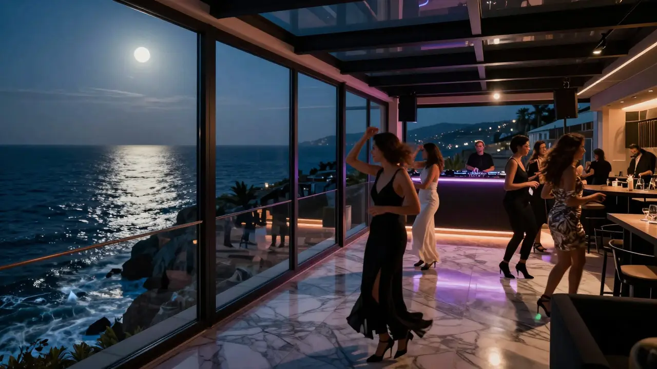 Rooftop club with panoramic Mediterranean views and elegant guests dancing at midnight.