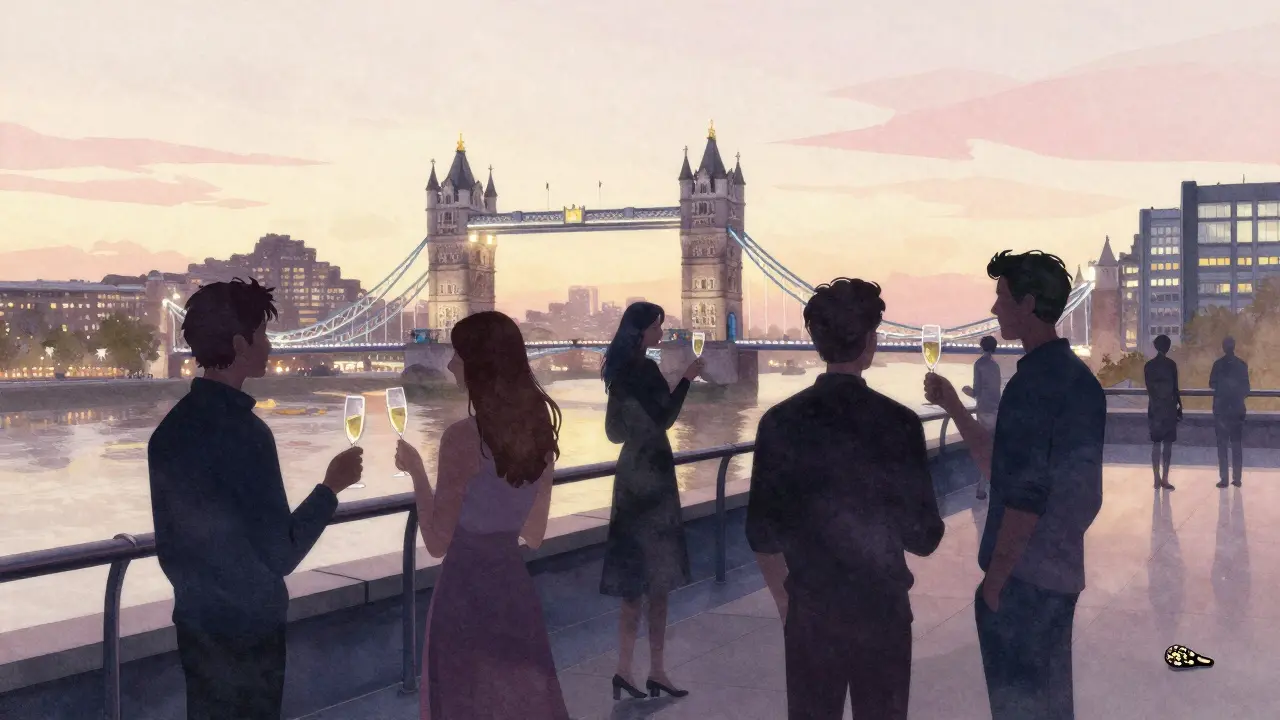 Rooftop group at dawn with Tower Bridge in background, prosecco glasses, soft morning light.