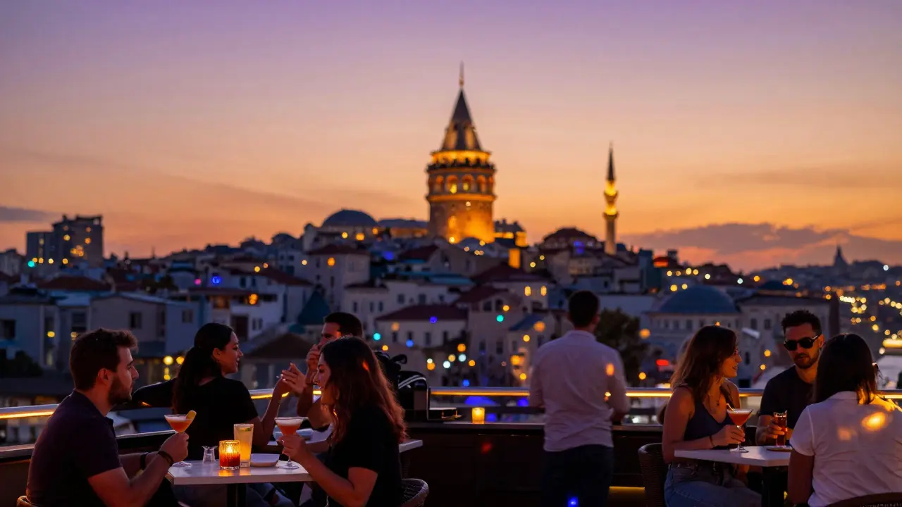Rooftop terrace at sunset with skyline view, guests dancing as golden light fades into twilight.