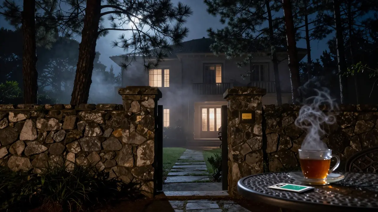 Secluded villa at night surrounded by pines, a keycard and tea on a garden table under moonlight.