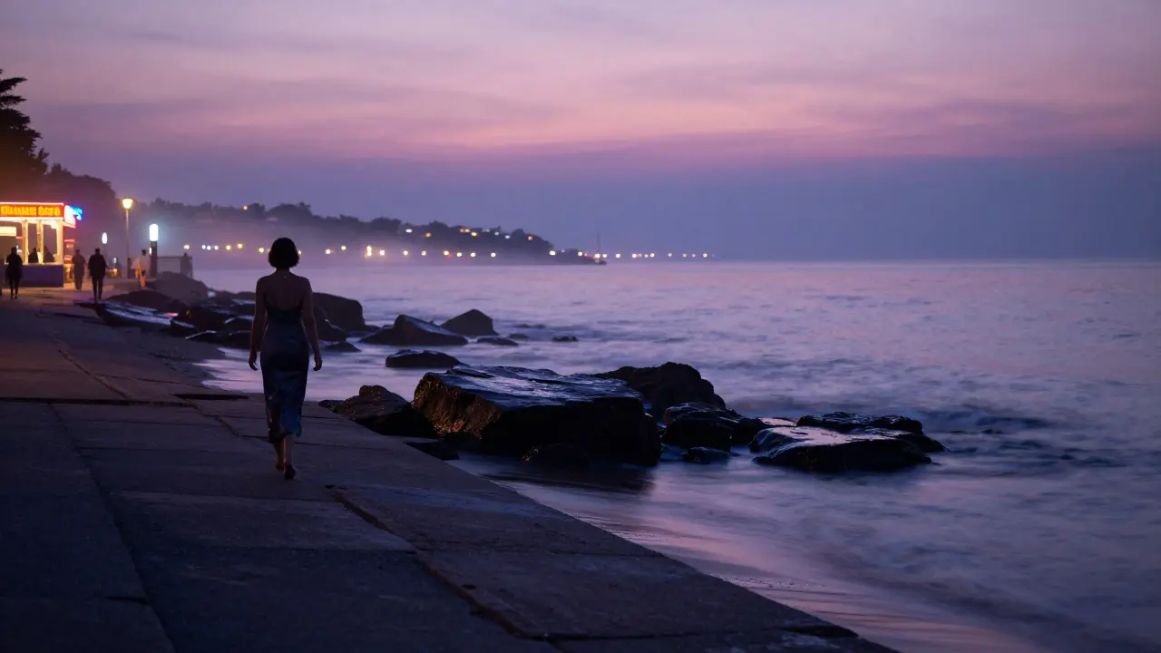 Solo figure walking at sunrise along Monaco's shore, fading neon lights and calm waves under a pastel dawn sky.