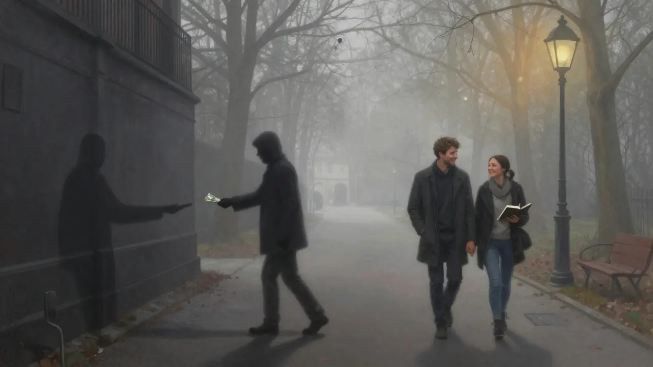 Split path in a foggy park: one side shows danger, the other shows safe companionship.