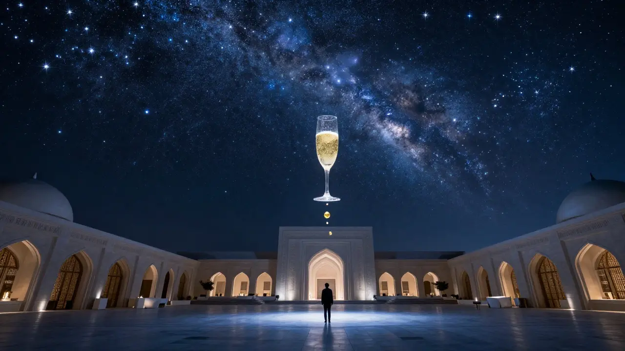 Surreal view of a domed sky lounge under a starlit ceiling with a floating champagne glass.