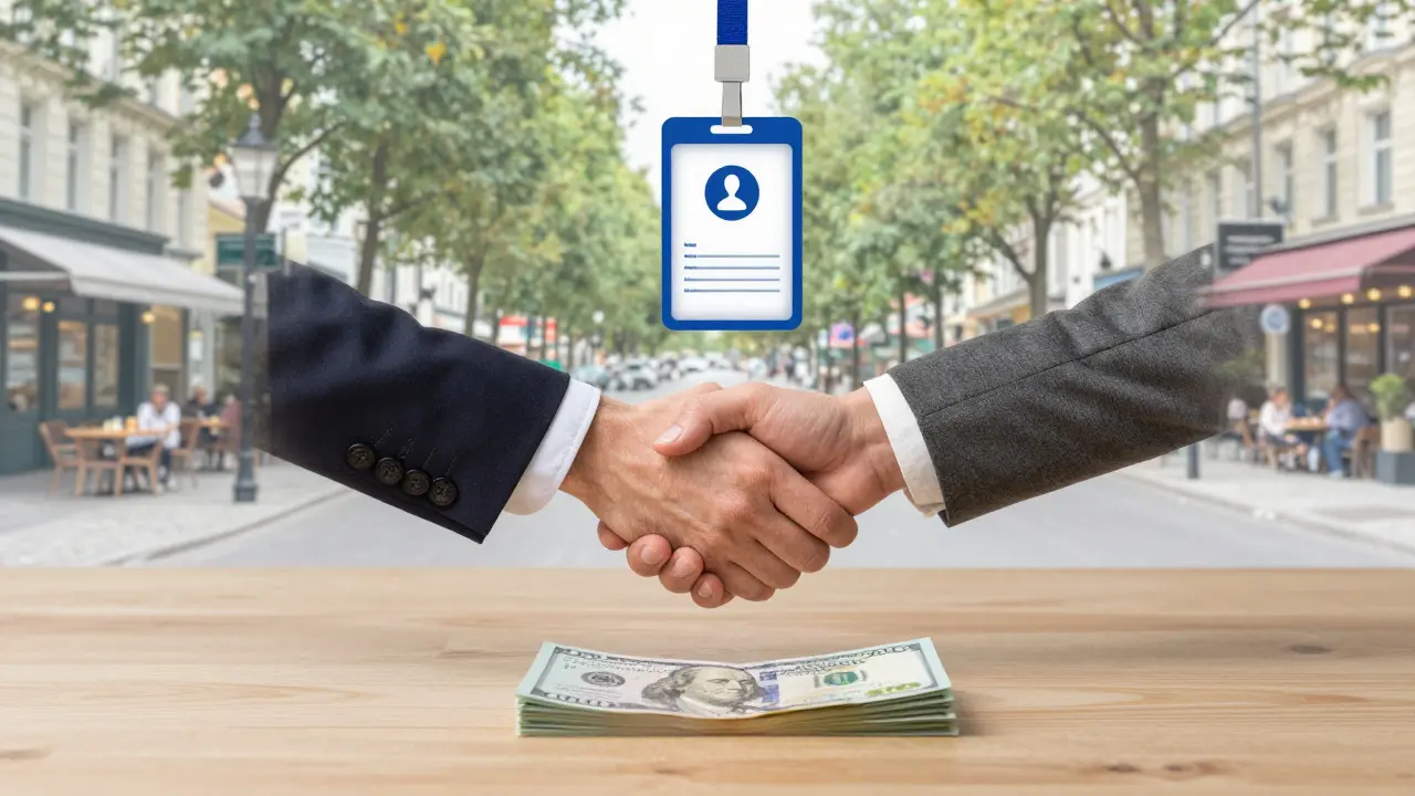Symbolic image of cash, handshake, and verification badge representing safe, legal companionship in Berlin.