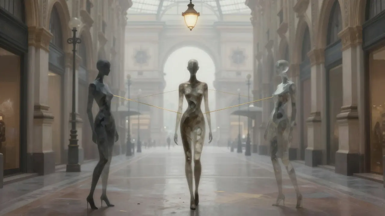 Three abstract figures in a foggy Milan alley connected by golden threads, symbolizing trust and respect.