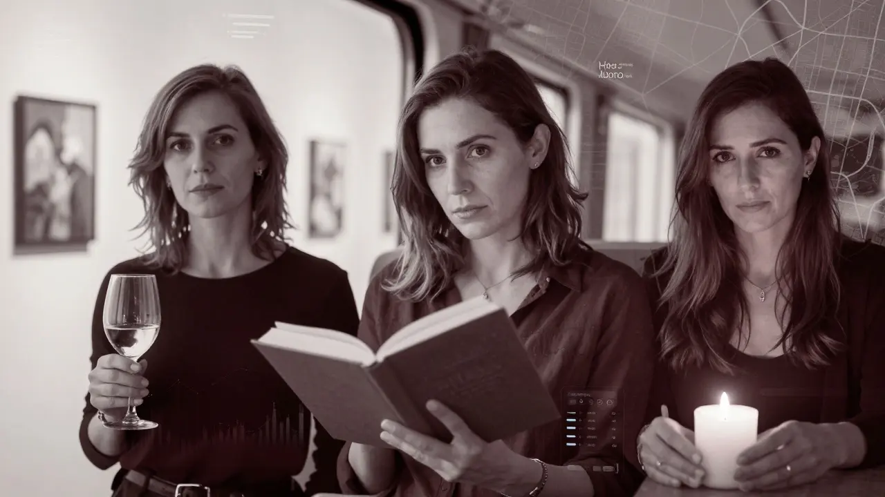 Three blurred portraits of women in different settings, their eyes meeting the viewer with quiet strength.