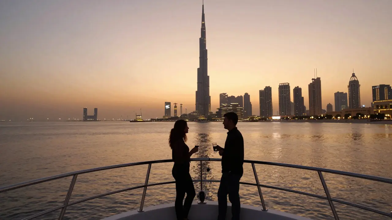 Two figures enjoying a sunset cruise on Dubai's coast, silhouetted against the skyline.