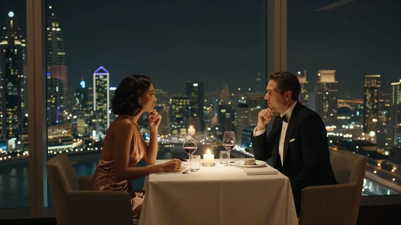Two people dining privately at Armani Hotel with Dubai's skyline glowing behind them.