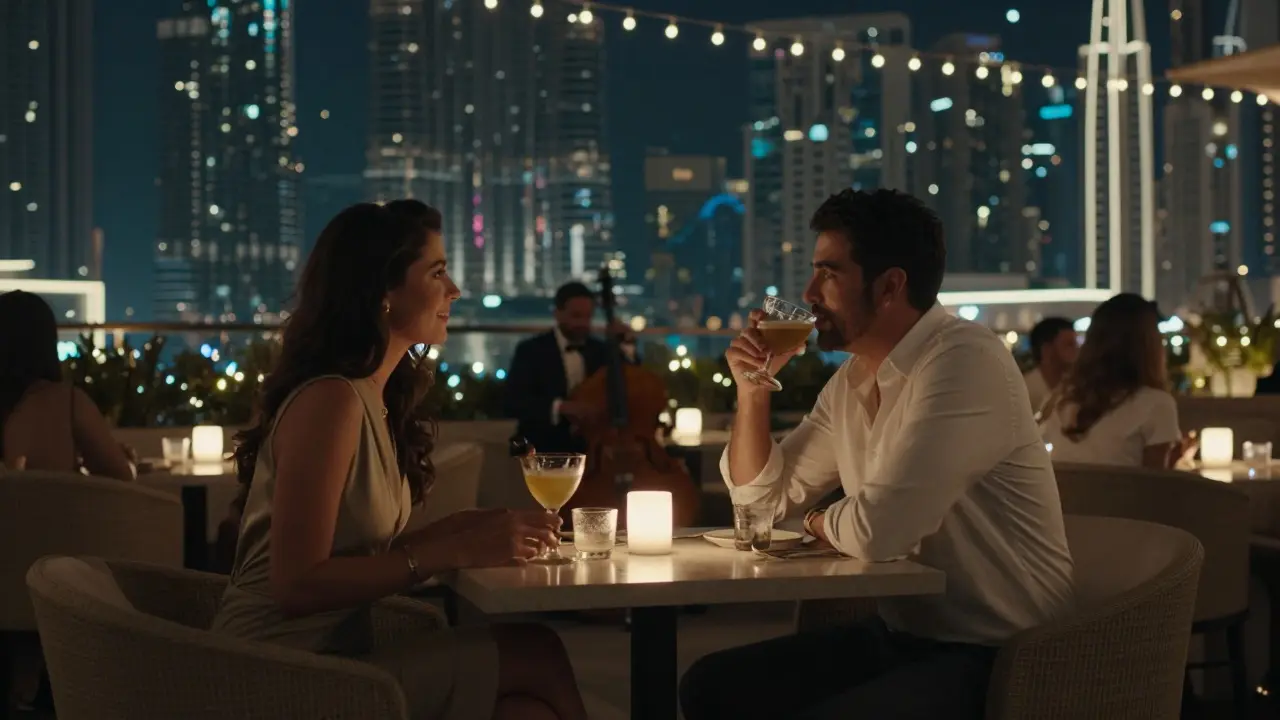 Two people enjoy a refined evening at a rooftop lounge in Dubai, sipping drinks under string lights with the city skyline glowing behind them.