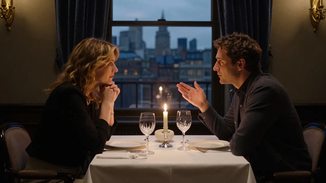 Two people share a quiet, elegant dinner in Mayfair, engaged in thoughtful conversation under candlelight.
