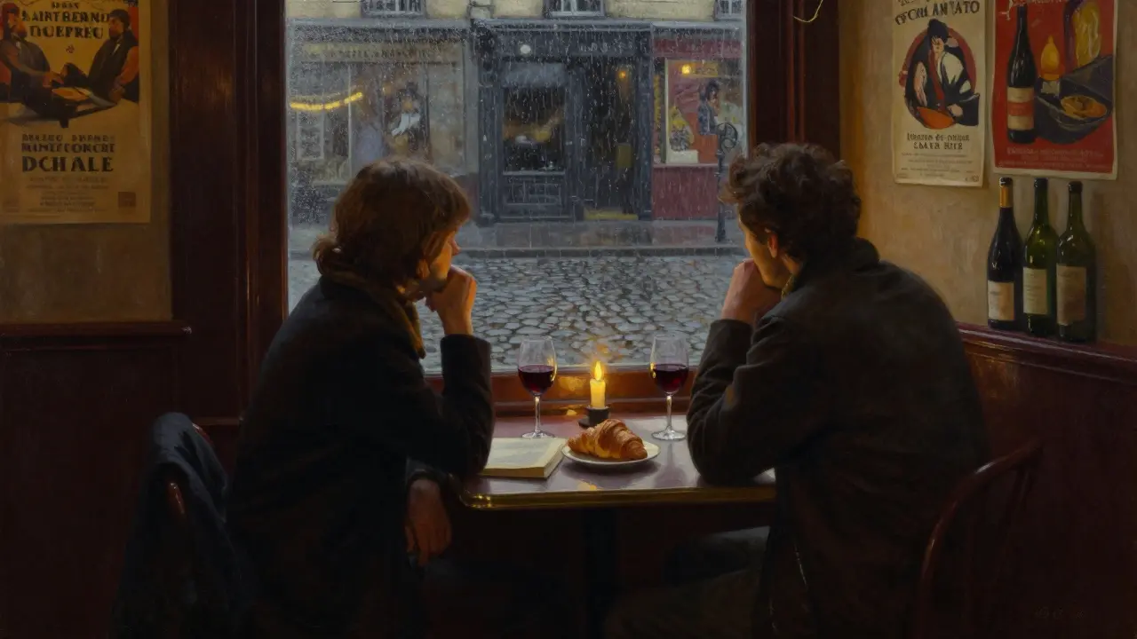 Two people share a quiet evening at a Paris bistro, rain tapping against the window.