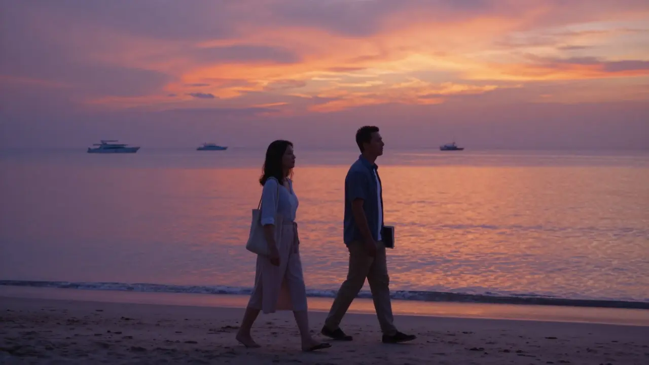 Two people walking peacefully along Jumeirah Beach at sunset, no physical contact, just shared stillness and the ocean behind them.