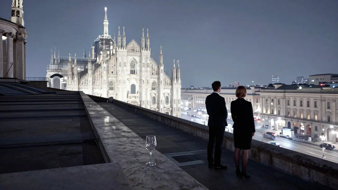 Two silent figures on a rooftop terrace overlooking Milan's Duomo under moonlight.