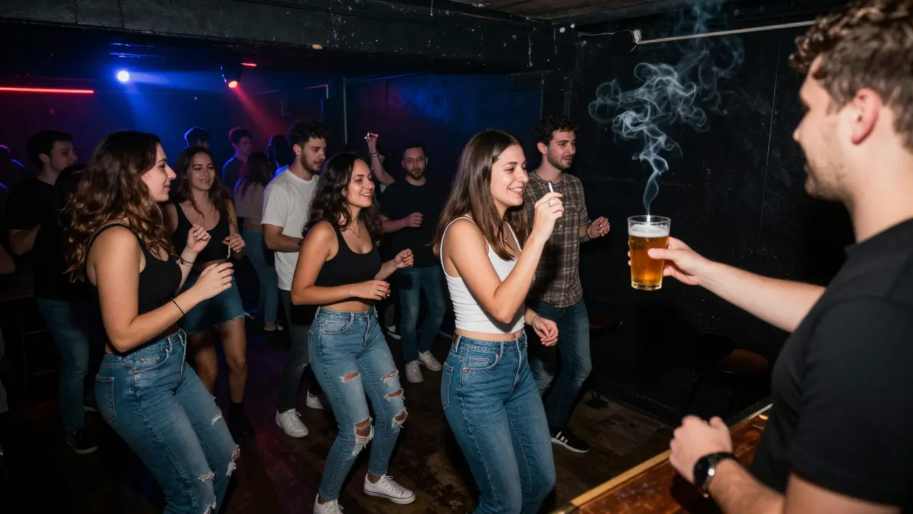 Underground basement club with raw energy, diverse crowd dancing under pulsing neon lights.