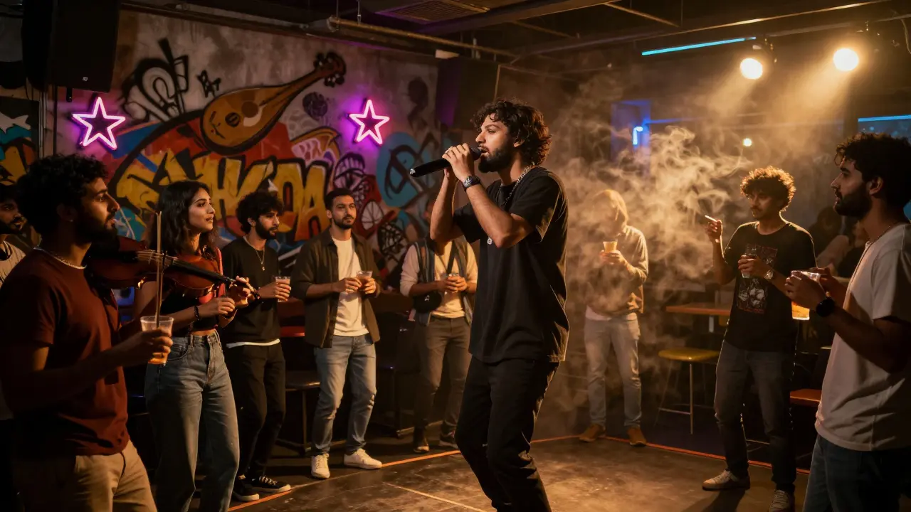 Underground club in Alserkal Avenue with diverse crowd enjoying Arabic trap music and colorful murals.