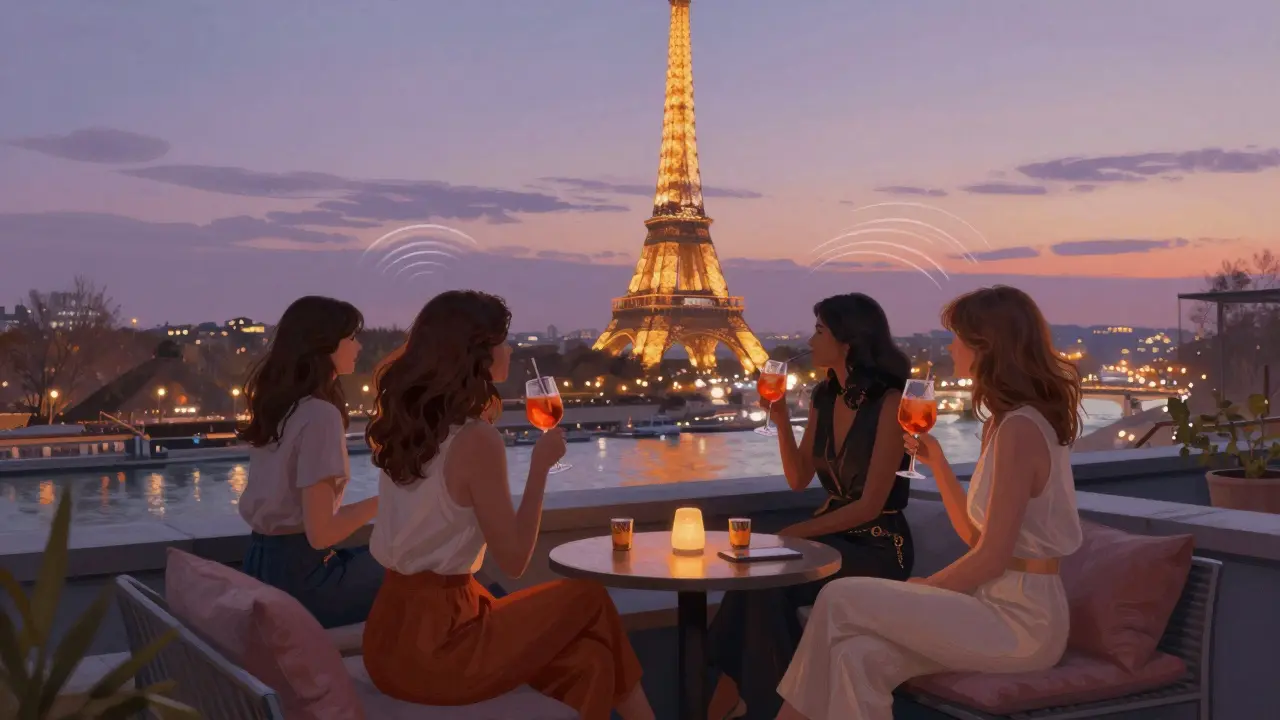Women enjoying cocktails on a rooftop terrace with views of the Eiffel Tower at Le Perchoir.