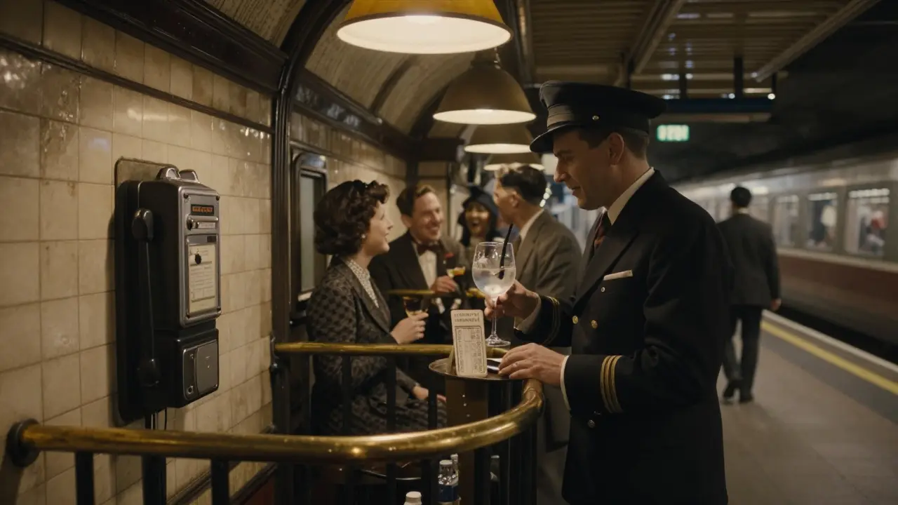 1940s-style underground station bar with bartender serving drinks in train ticket holders, vintage decor and soft lighting.