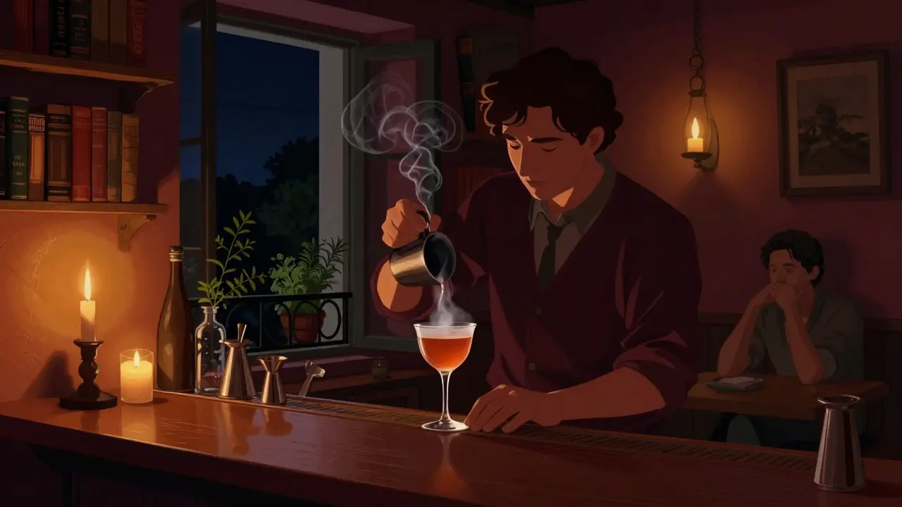 A bartender crafting a smoky cocktail in a candlelit bohemian bar surrounded by vintage books.