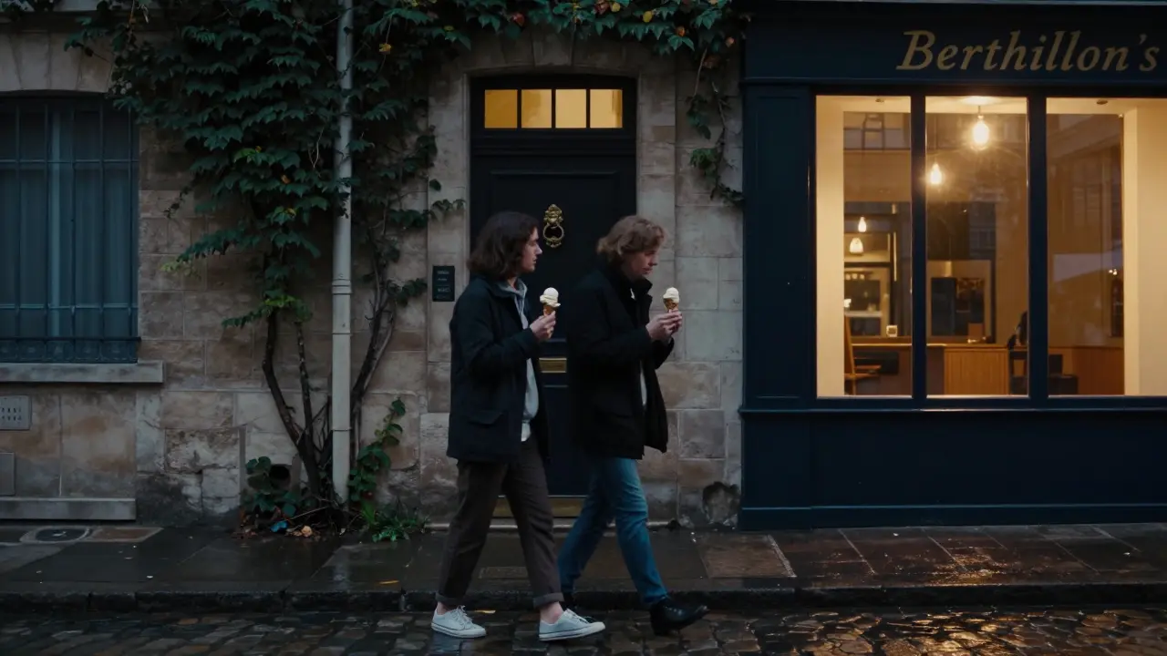 A couple walking hand-in-hand down a quiet, ivy-covered street on Île Saint-Louis, each holding ice cream cones.