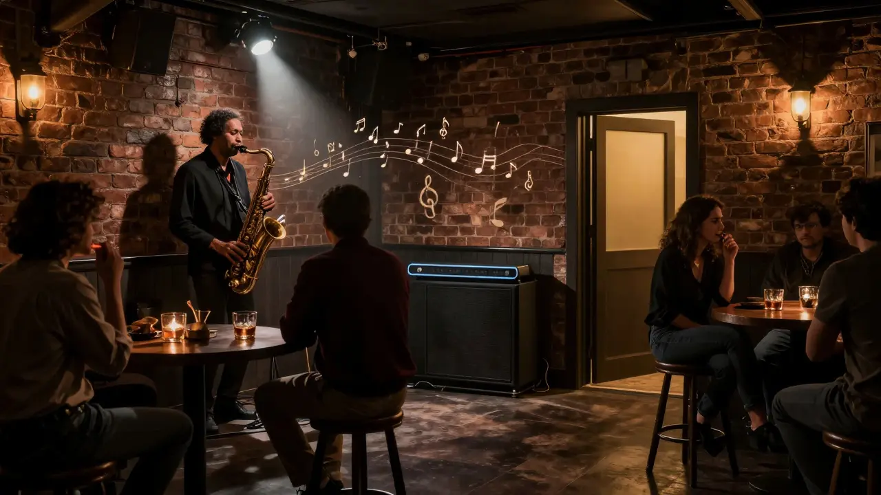 A dimly lit basement jazz club with a saxophonist performing as patrons listen quietly in the shadows.