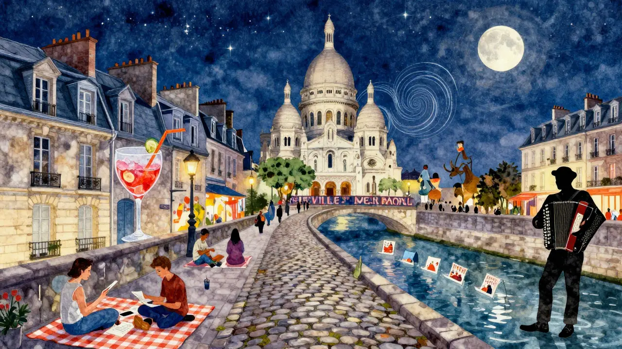 A dreamlike mosaic of Paris neighborhoods at night, each with its own unique atmosphere and energy.
