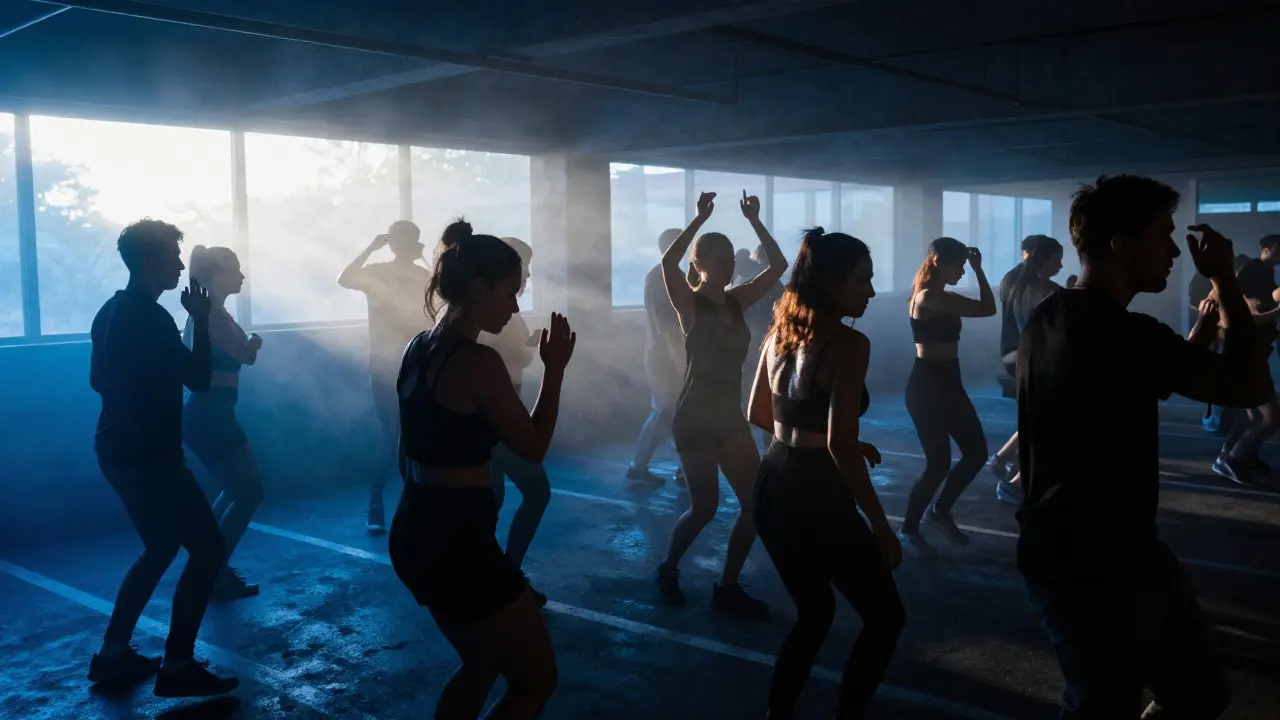 A foggy underground club at dawn, dancers moving in strobing light as sunlight breaks through high windows.
